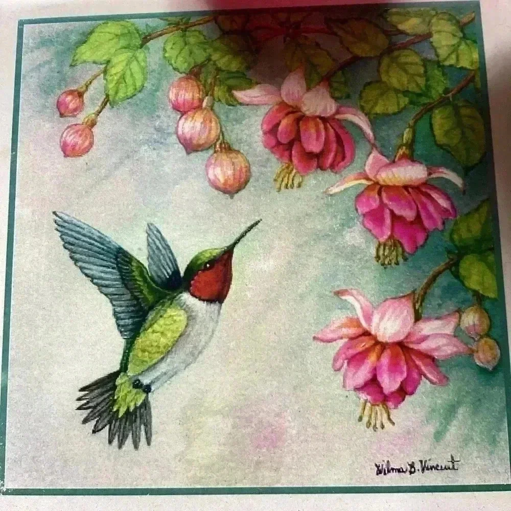 Vintage Hummingbird Set of 4 Coasters Pink Fuchsia Highlights ceramic coasters - Picture 2 of 15